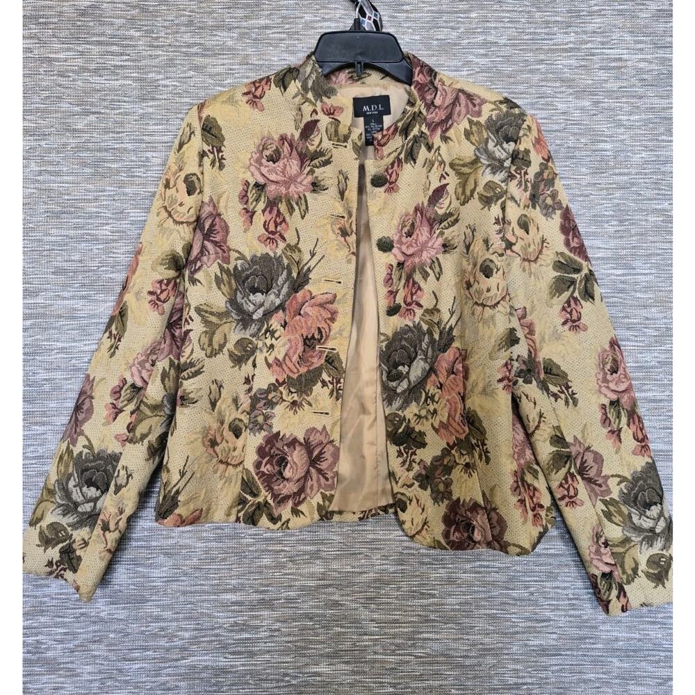 M.D.L. New York Floral Blazer Jacket Womens Size L Tan Textured Fully Lined